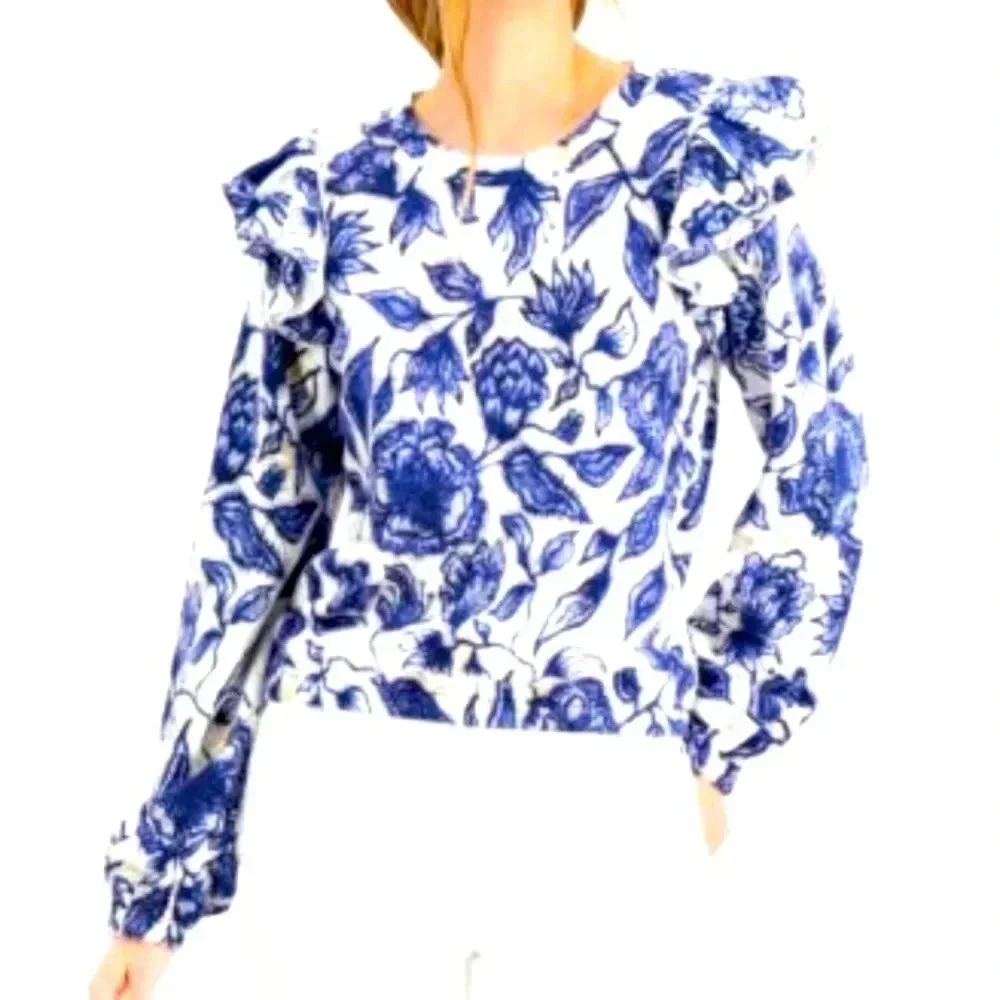 INC BLUE&WHITE FLORAL PATTERN LNG SLV (NWT
RUFFLE-SHOULDER BLOUSE